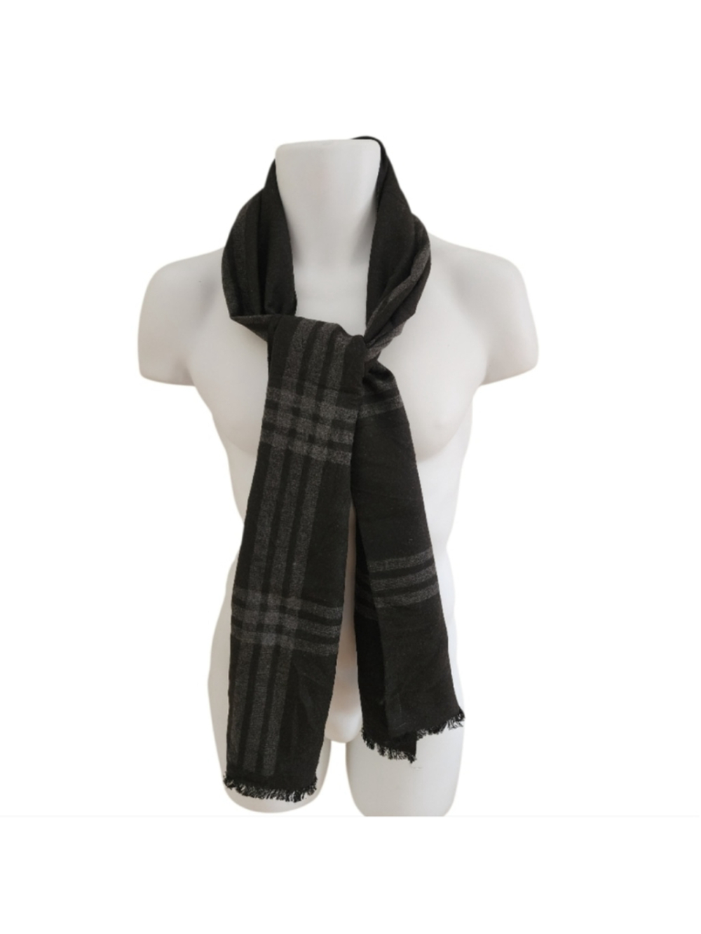 Cashmere Gray & Black Plaid Fringed Scarf Men's